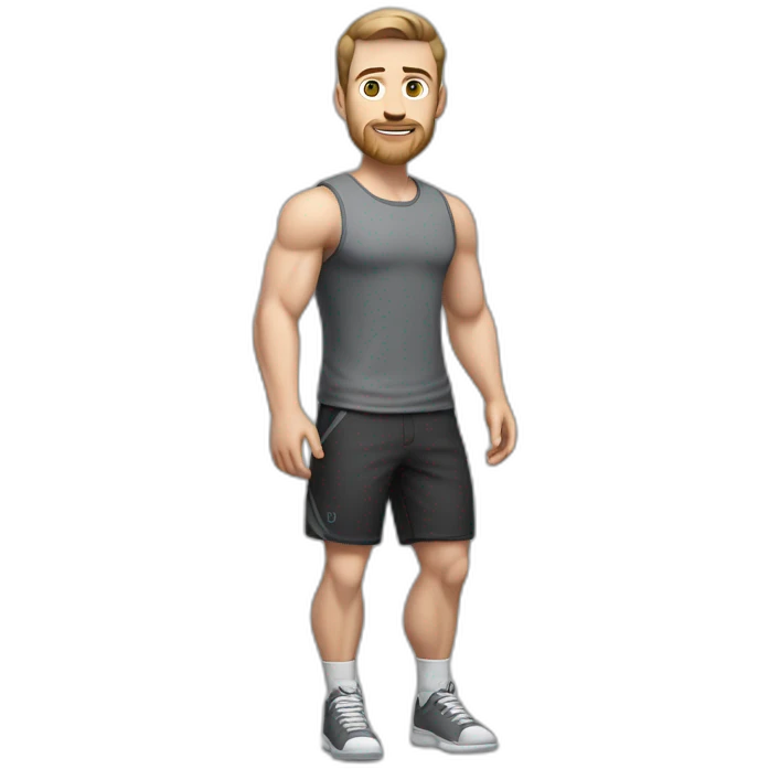 Full height Pale skinned muscular man With Realistic eyes and mouth, light brown hair and stubble In dark gray sleeveless mike, black oversize sports shorts, watch and white sneakers. emoji