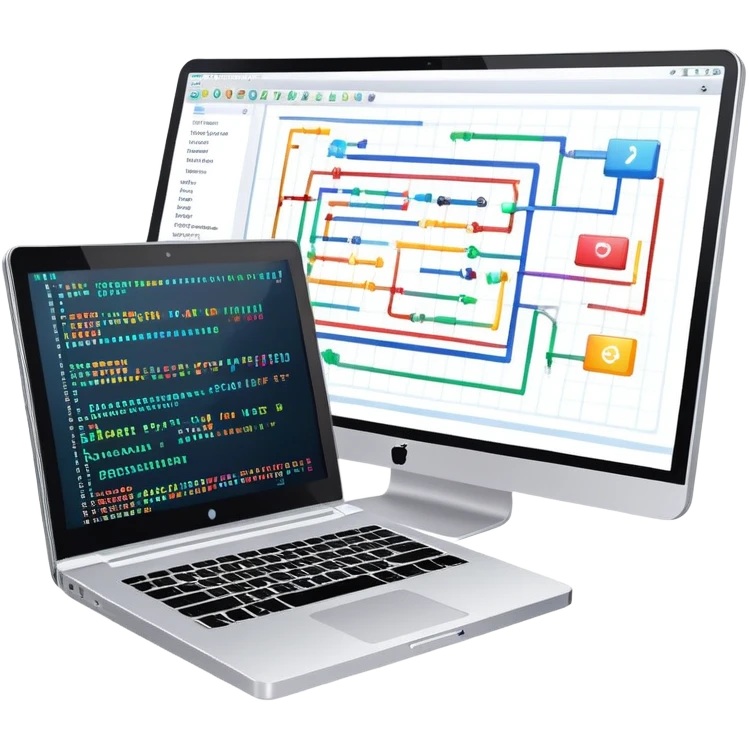 An icon featuring a laptop screen with colorful lines of code, brackets, and a blinking cursor, symbolizing programming. The design includes flowcharts, gear icons, and binary code, representing software development and logical problem-solving. Transparent background highlights the world of coding. emoji