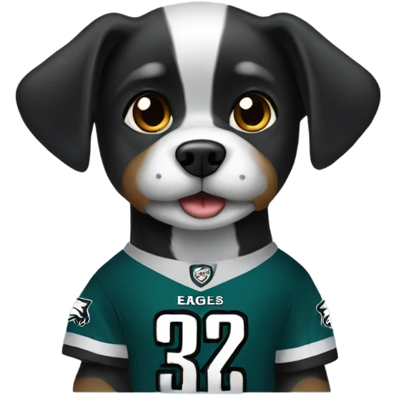 cute little black and silver dog wearing a eagles jersey  emoji