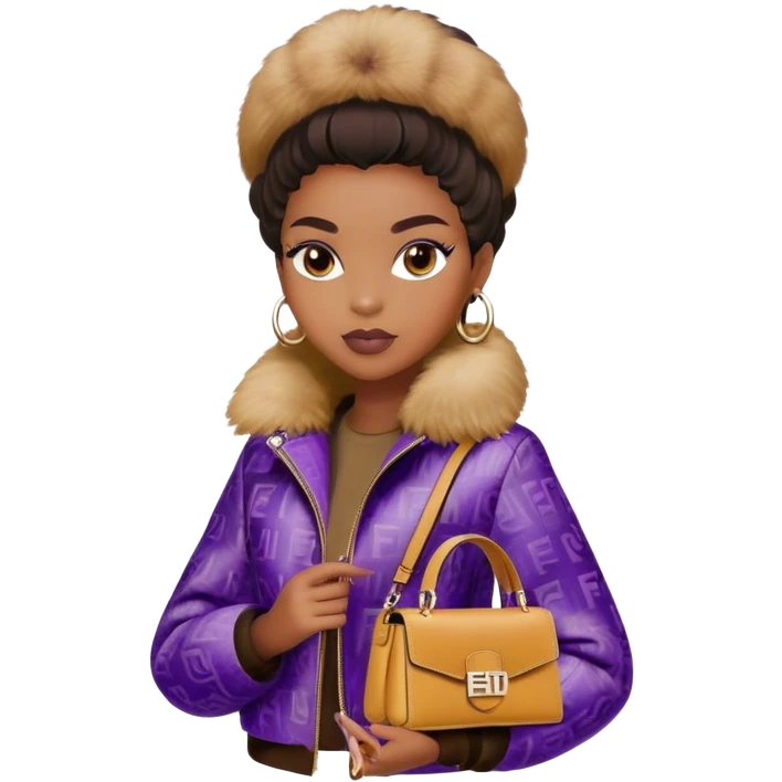 Beautiful black woman wearing a brown monogram Fendi jacket with a fur trim. She is carrying a purple Fendi Mini Peekaboo Bag. I want the image to start at her head and end at the chest emoji