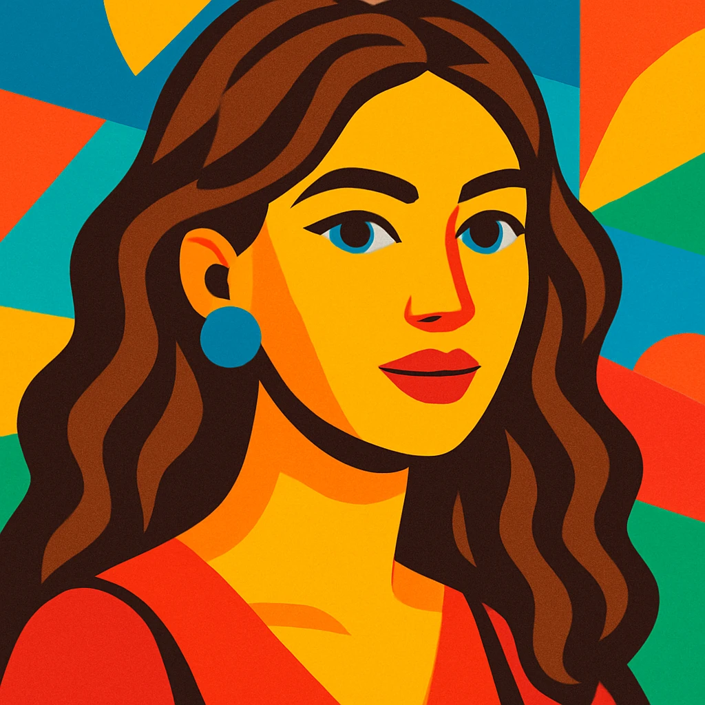mujer linda de cabello marrón, estilo ilustración colorida, colorful illustration style emoji