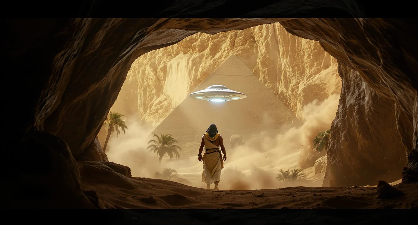 cinematic still, documentary photography, acient egypt, back shot of a man dress in ancient clothes in cave (frame in frame effect) on ground laying front of small ufo starship, sand flying around, palms, dynamic scane, leading lines, captured by arri alexa, depth layers, piramids in babckground emoji