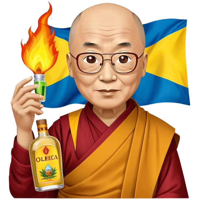 Image of Dalai Lama with a bottle of Olmeca tequila in front of burning Ukrainian flag emoji