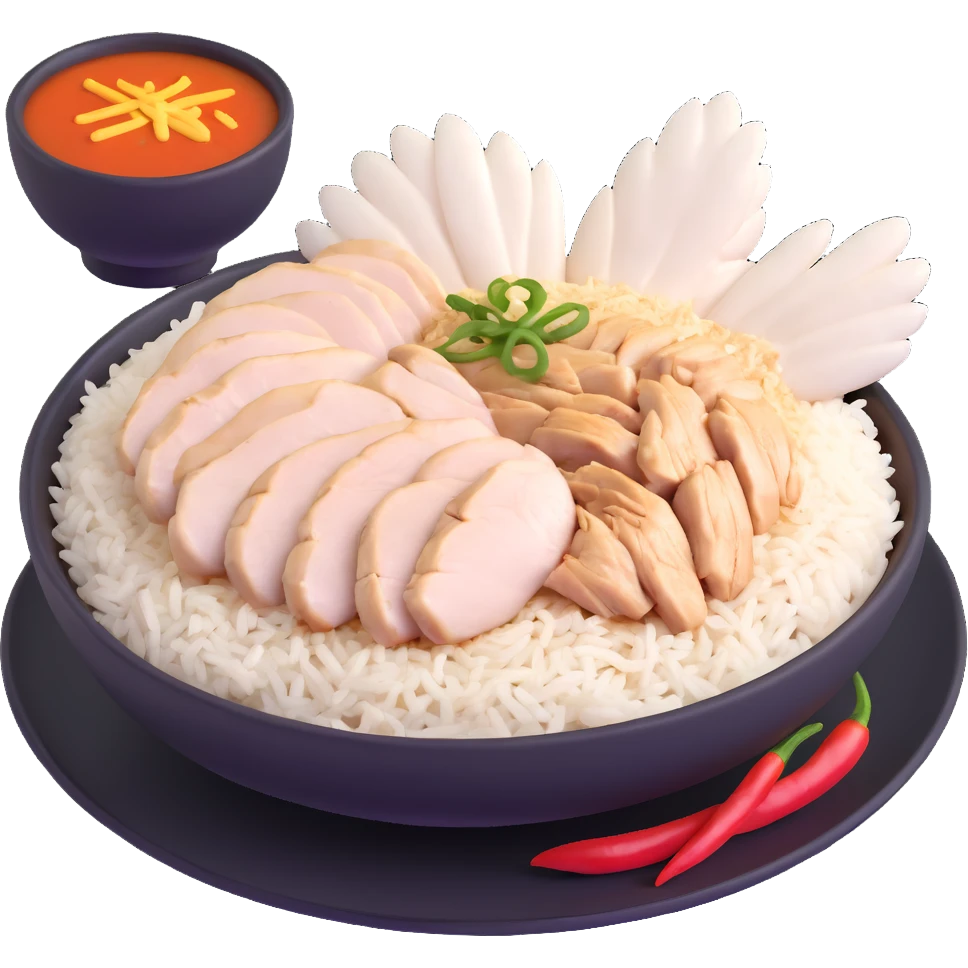 Singapore chicken rice with sliced poached chicken, fragrant rice, and chili sauce emoji