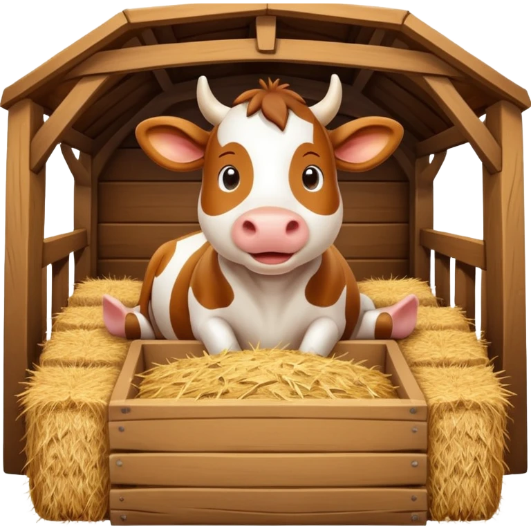 cute cow feeding scene inside a cow barn, wooden stable, hay bales, feeding trough, happy cow eating hay, warm farm lighting, 3D cartoon, mobile game icon style, clean background, no text, no watermark
 emoji