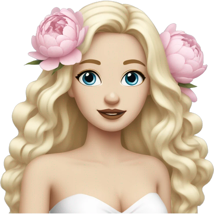 White bride with long light blonde hair and blue eyes with light pink peonies in hair white skin  emoji