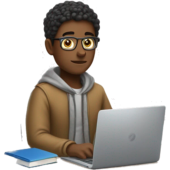 male student sitting at a school desk with blanket wrapped around shoulders working on chromebook emoji
