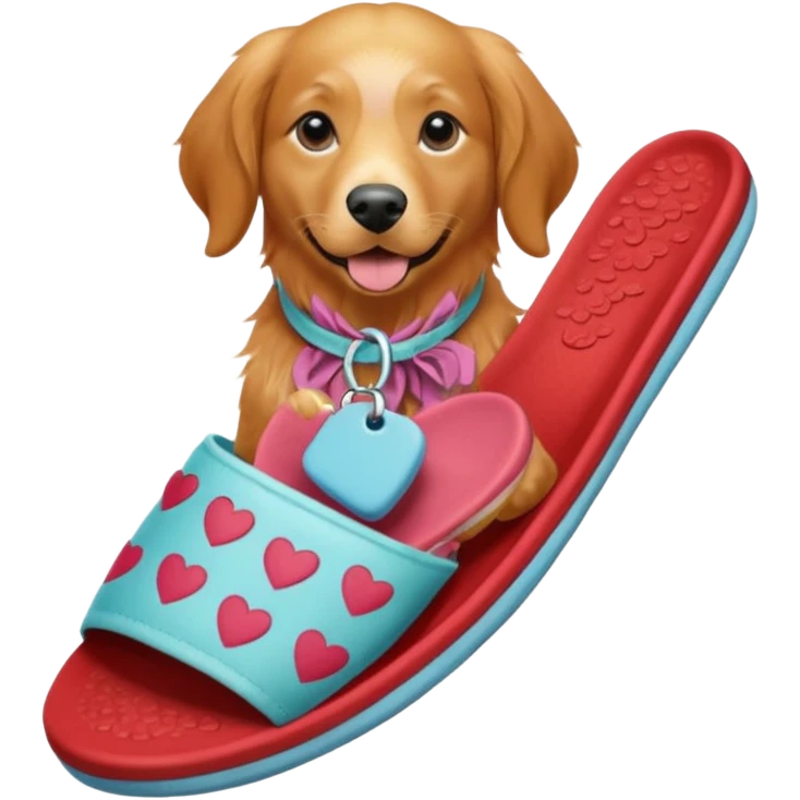 A female red golden retriever holding a slipper  emoji
