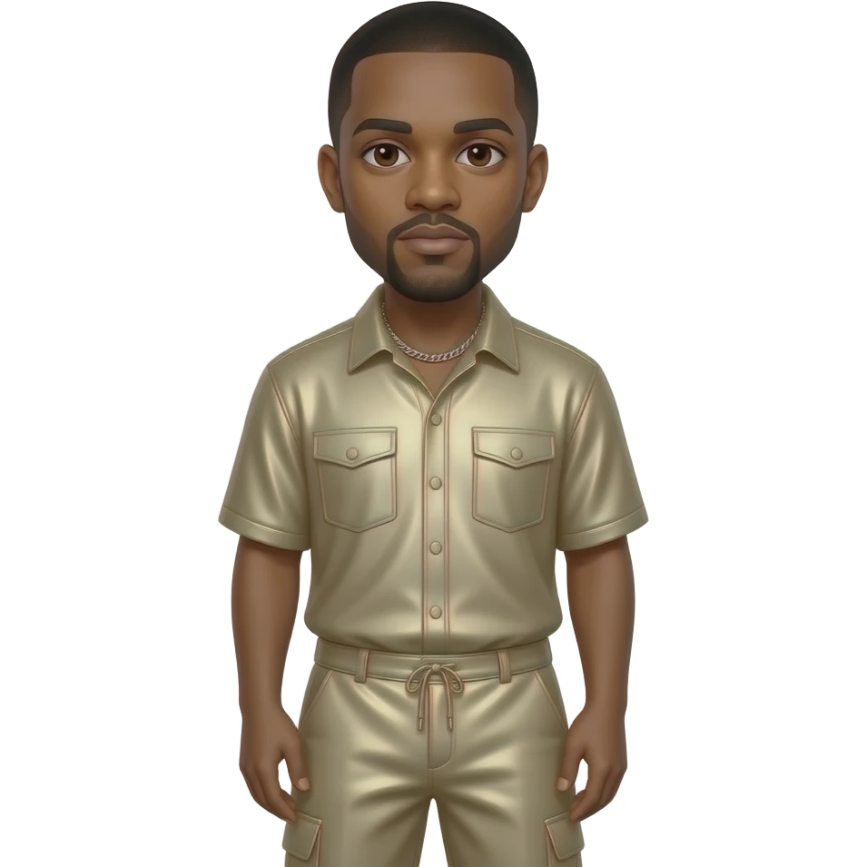 Kanye West with dark brown eyes, black hair, beige metallic shirt, beige metallic baggy pants, silver necklace emoji