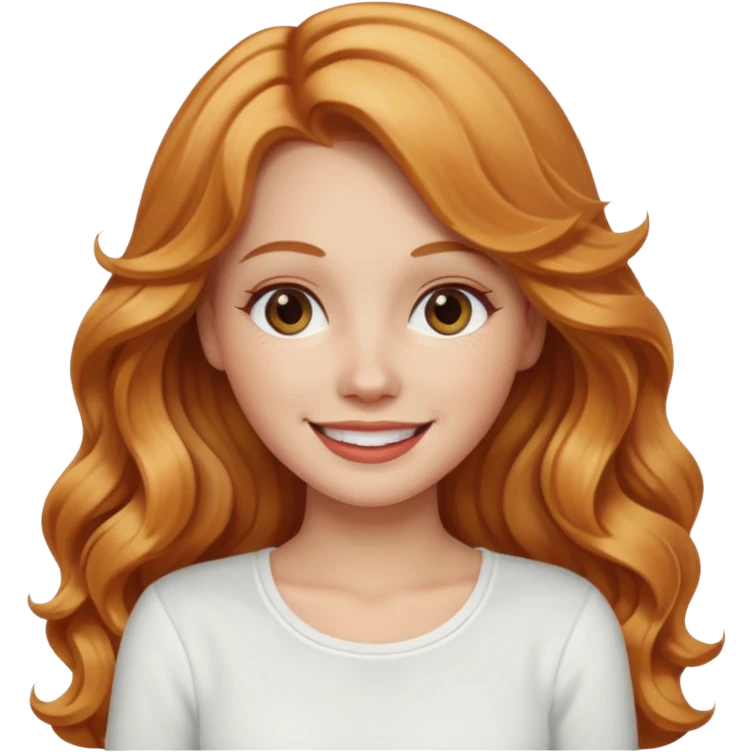 white girl with strawberry blonde long wavy hair, white top  emoji