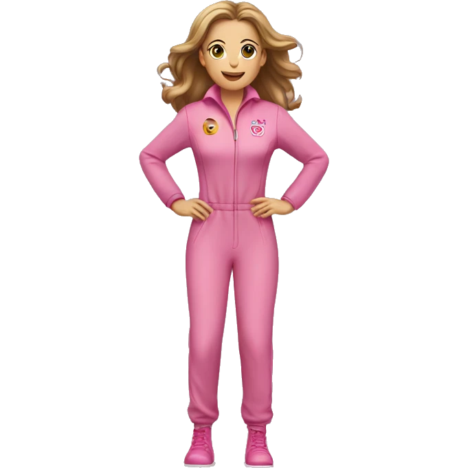 Woman  light brown hair  hazel eyes pink full body jump suit flying emoji