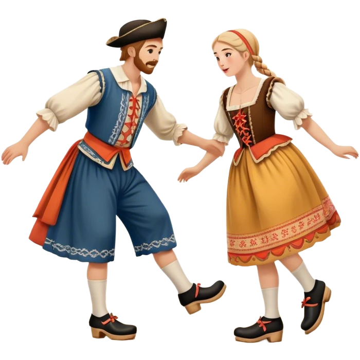 Cinematic Realistic scene of two performers executing the Klompendans, dressed in traditional Dutch costumes complete with wooden clogs and detailed folk patterns, captured in lively motion with soft, natural lighting emoji