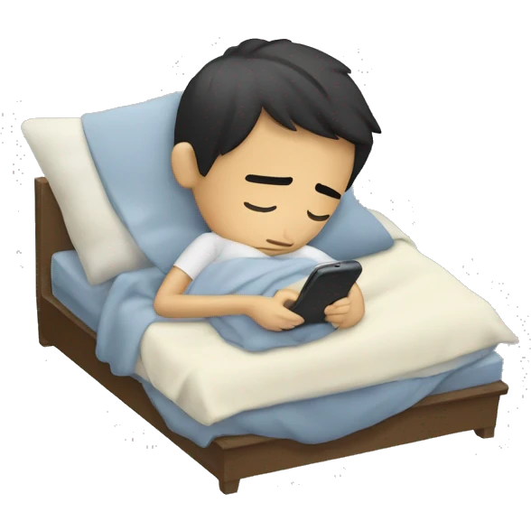 A sleepy Asian boy suffering from jet lag playing with his phone under the blanket. emoji