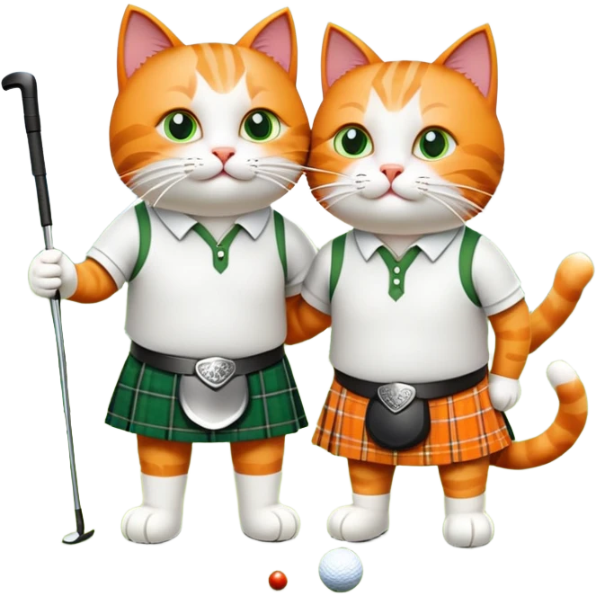 two cats in love playing golf in Scotland, wearing kilts, with the Scottish Highlands in the background emoji