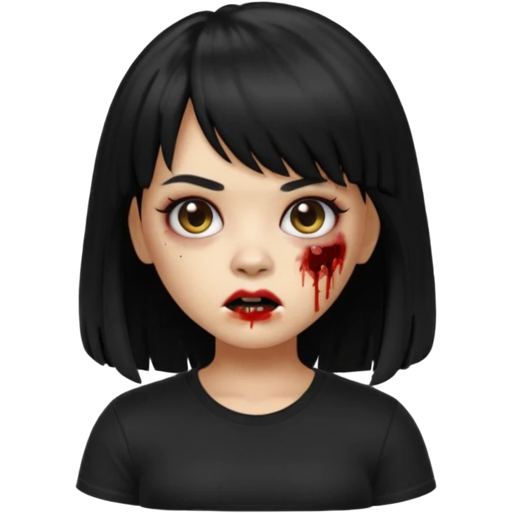 A zombie girl in Apple Memoji format with HUGE, straight black hair with bangs, wearing a black shirt. emoji