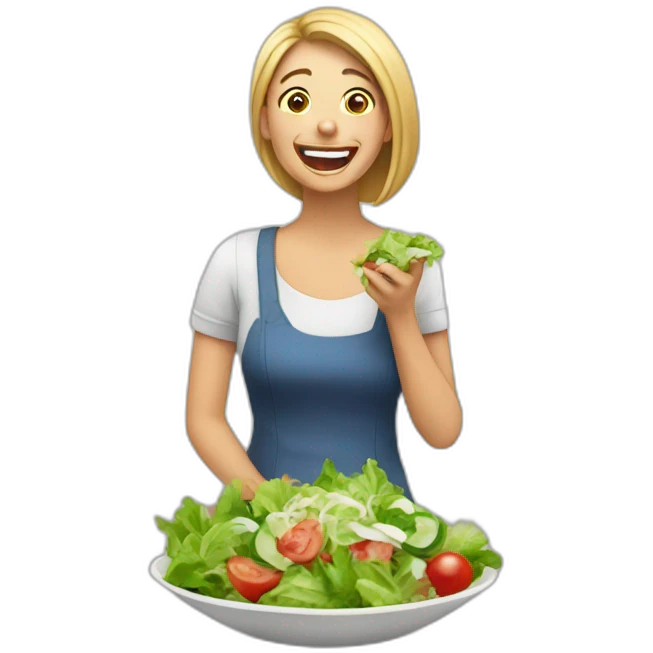 woman eating sallad and laughing emoji