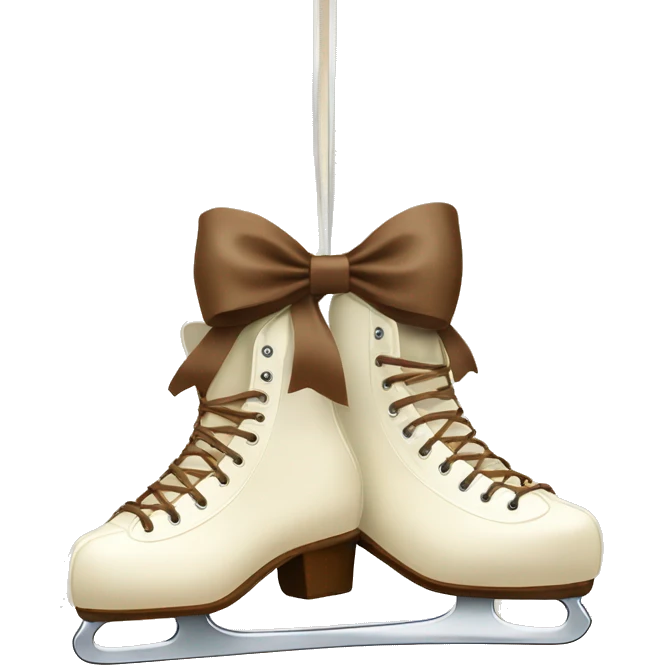 Cream color pair of ice skates hanging from a brown bow emoji