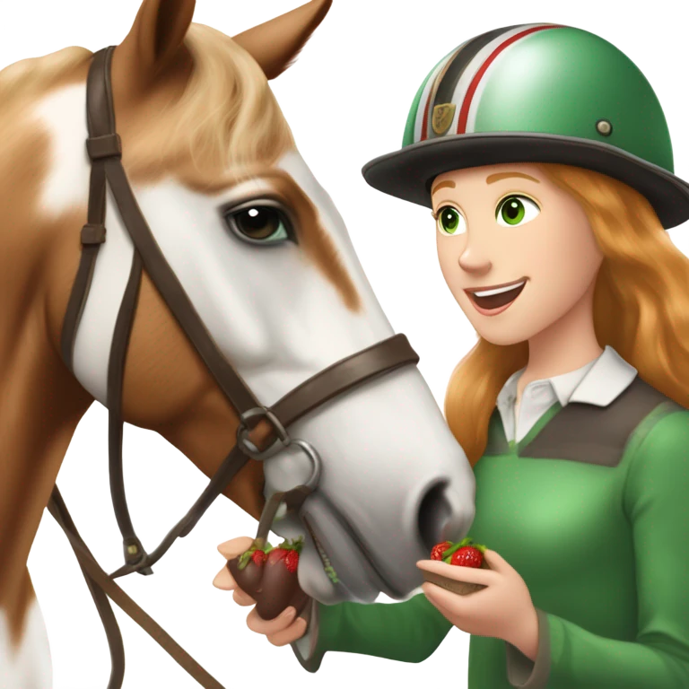 Extremely attractive and feminine white teen girl with green eyes and medium length strawberry blonde hair wearing traditional English riding helmet feeding a treat to a brown and white paint horse emoji