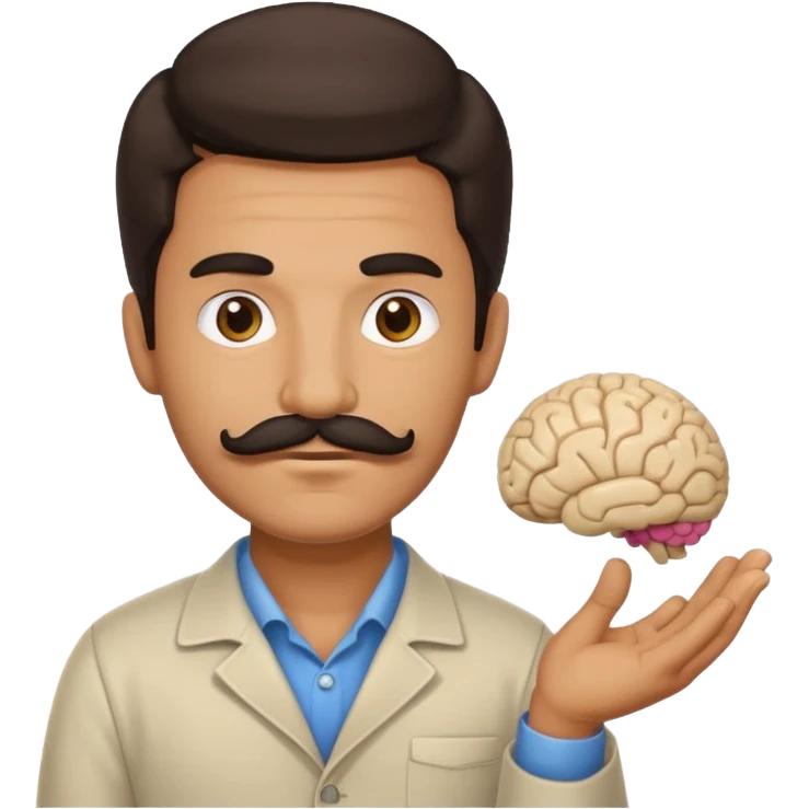 mustachioed man with dark hair holding a brain as an emoji no curl to mustache  emoji