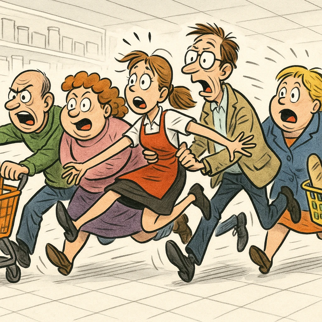 a comical scene where a crowd of supermarket shoppers runs from left to right, carrying off the salesgirl in a chaotic and exaggerated manner emoji