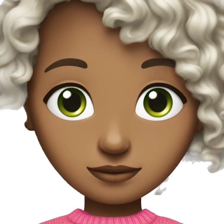 Brunette white curly hair curl with green eyes and pink sweater emoji