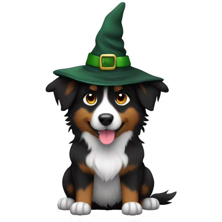 Small black australian shepherd dog dark green witch hat emoji