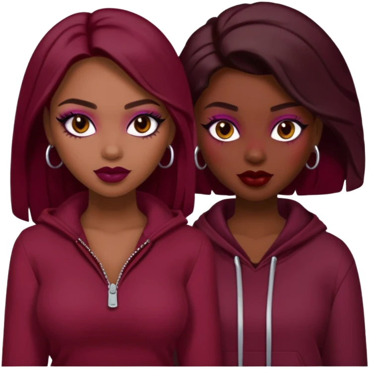 Boujy baddie best friends, trendy heavy makeup, burgundy clothes emoji