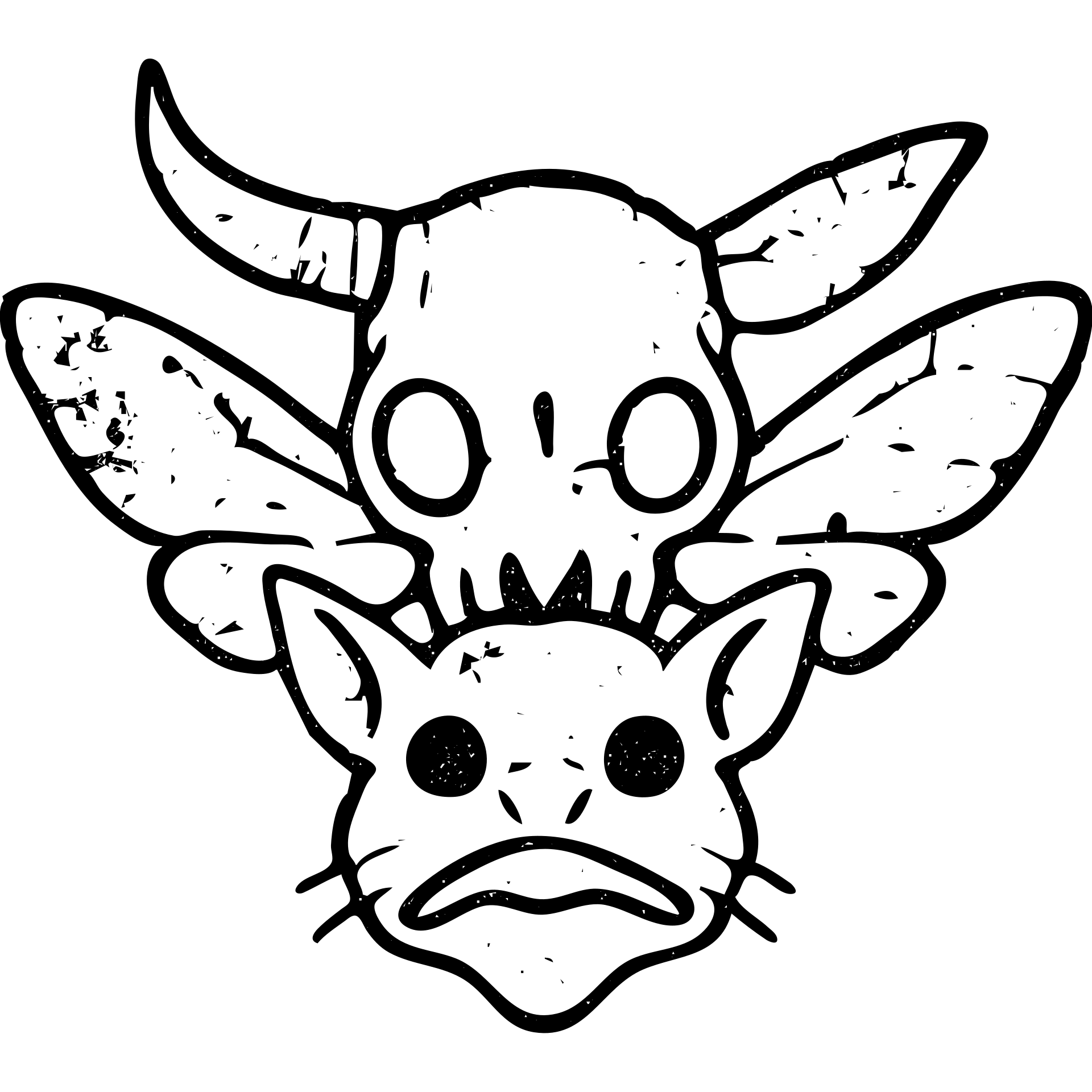 a terrifying minimal red line art of just a head (no body) combining minotaur skull with broken horn, stoat features, frog mouth, with moth wings sprouting directly from the skull, transparent hollow center, distressed appearance with deliberately missing sections, worn texture, sparse red lines only emoji