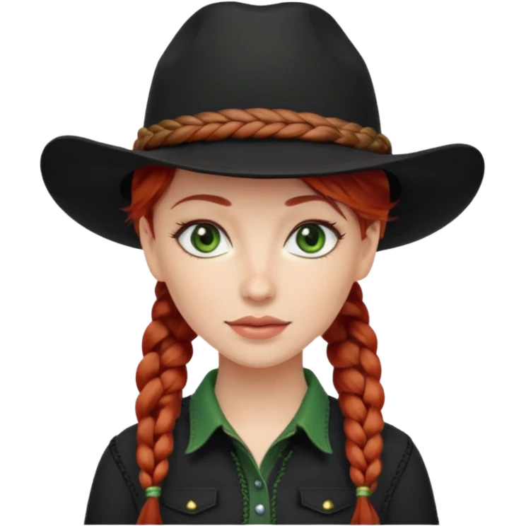 cowgirl with red hair green eyes black hat braided hair emoji