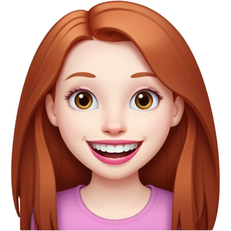 Young girl with pale skin, longer face, full pink lips smiling with big teeth, very long straight auburn hair (lighter ginger, not bright red), big brown eyes, extra large nose, big mouth, slightly asymmetrical features, less conventionally pretty emoji