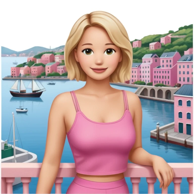 jennifer lawrence, pink crop top leaning on a balcony with a harbor and cityscape in the background, smiling emoji