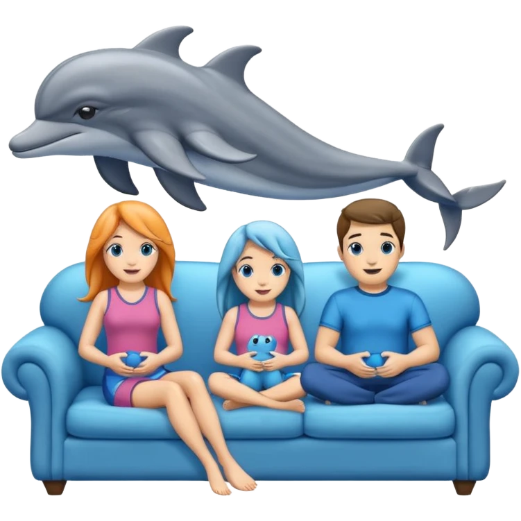 2 males and 2 female dolphins sitting on a sofa  emoji