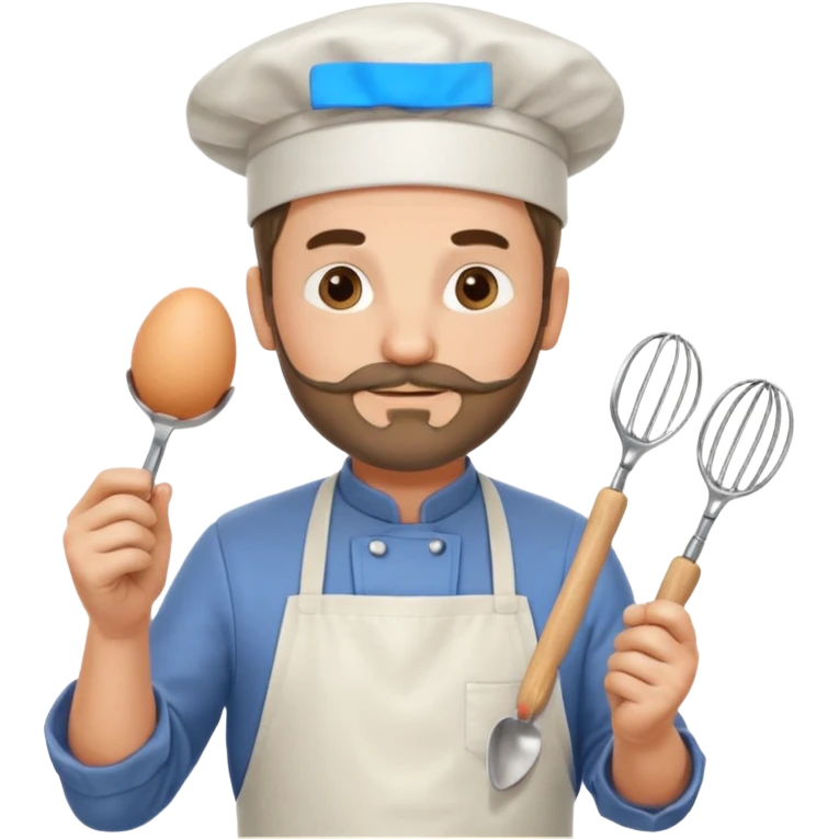 Middle aged male pastry chef - with a small beard, apron, white hat, and holding an egg beater in his hand emoji