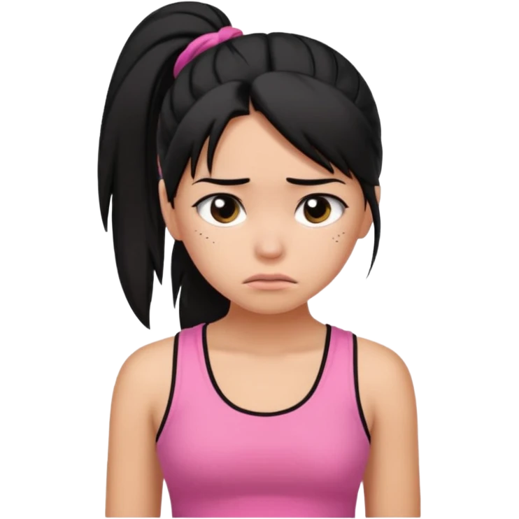 A tan girl with black hair in a ponytail. Wearing a pink tank top. Looking sad emoji