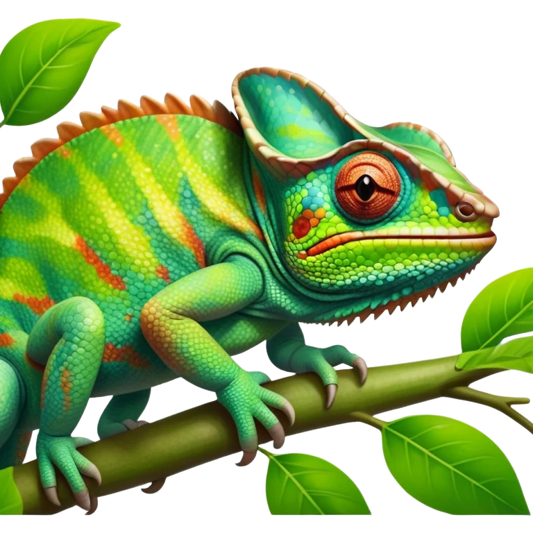 giant-chameleon-realistic emoji,-blending-with-vibrant-greenery.-detailed-scales-in-shifting-colors,-showing-the-chameleon’s-ability-to-camouflage.-soft-natural-light-highlights-its-texture.-nature-background, zoomed into its face emoji