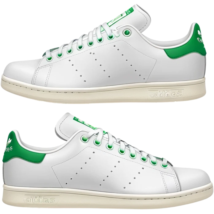 Pair of Adidas Stan Smith sneakers in white and green colorway, one positioned behind the other, both shoes shown from side angle emoji