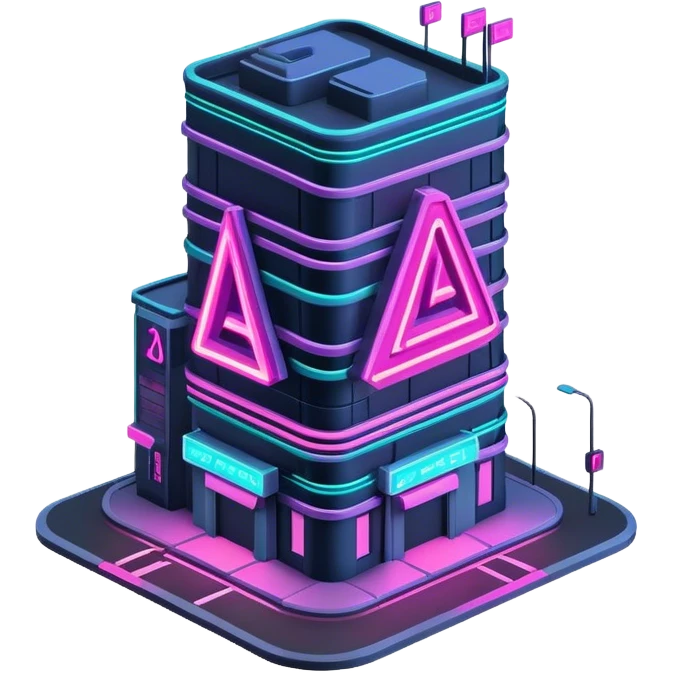 cyberpunk neon 3d building with "A" logo on top emoji
