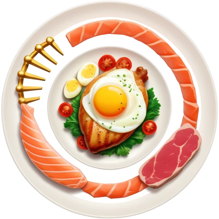 Floating plate with protein foods: large golden chicken breast in the center, smaller salmon fillet, red meat steak, and an egg, all orbiting a DNA double helix, with energy rays connecting to a muscular figure silhouette emoji