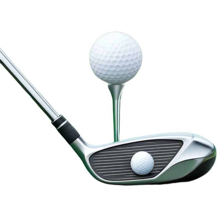 A close-up golf ball on a tee, with a golf club placed beside it, set on a well-manicured green. The background is a peaceful golf course with a clear blue sky, emphasizing the tranquility and skill required for the sport. emoji