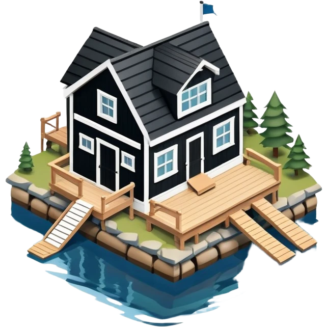 Maine boathouse, isometric dollhouse-style, realistic emoji