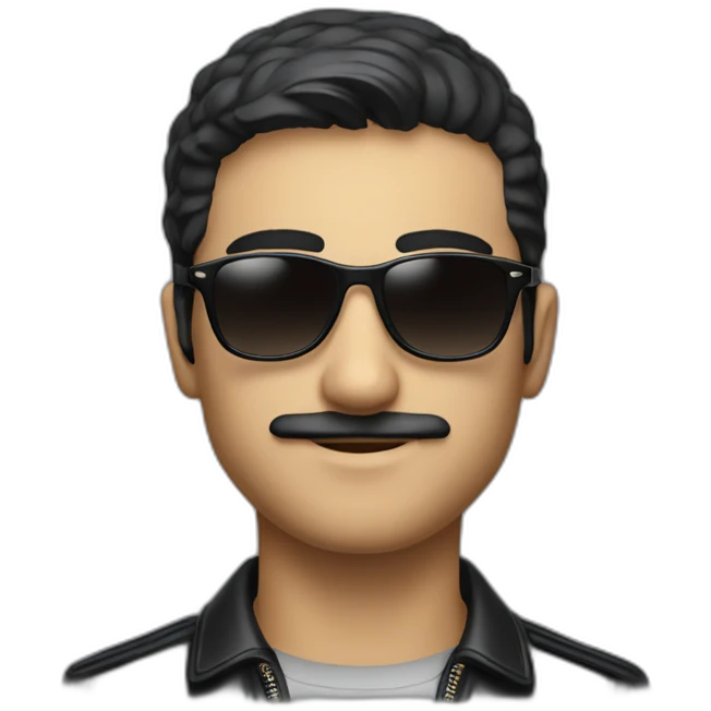 A young Iranian man with a short moustache in a cuir veste and Lacoste shirt and sunglasses and dark ai emoji