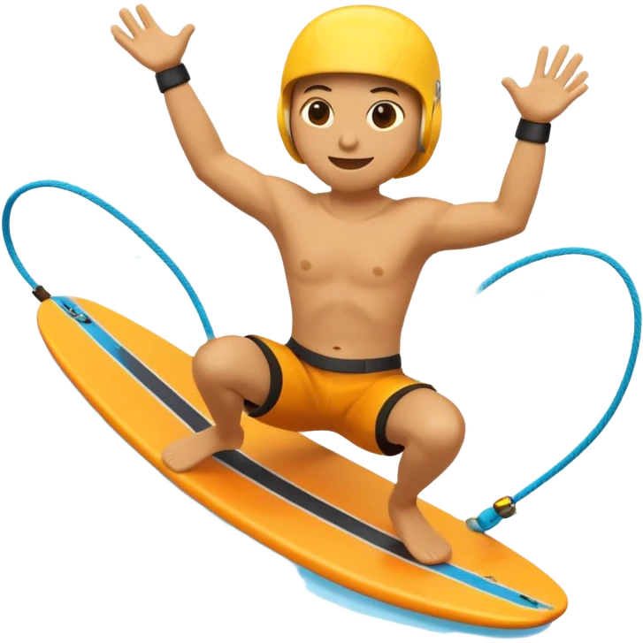 "Apple 3D emoji-style character wakeboarding mid-jump, with arms extended holding an orange rope, legs slightly bent on a yellow board. Stylized water splash behind. Emoji face, rounded body, bright and clean Apple shading. emoji