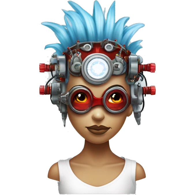 Light blue Mohawk hair female cyborg head with red steampunk goggles and circuits emoji