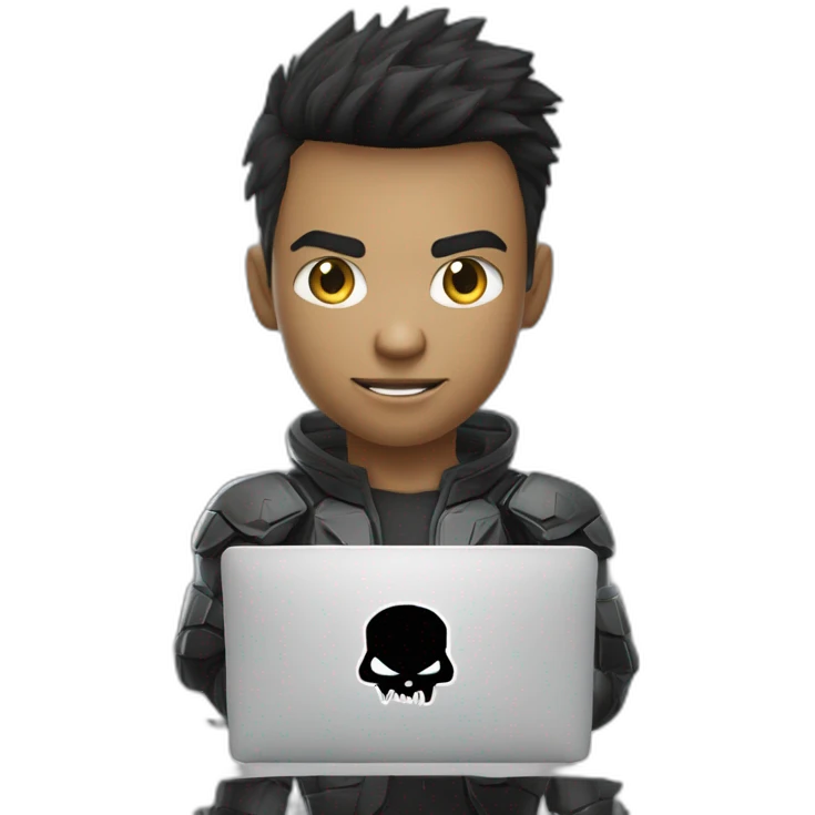 Young man developer behind his laptop with this style : Crytek Crysis Video game with nanosuit hacker themed character emoji