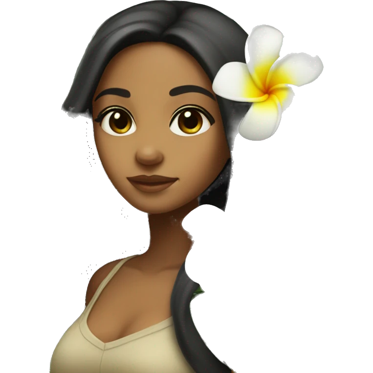 Brown Island girl with long black hair and a plumeria flower emoji