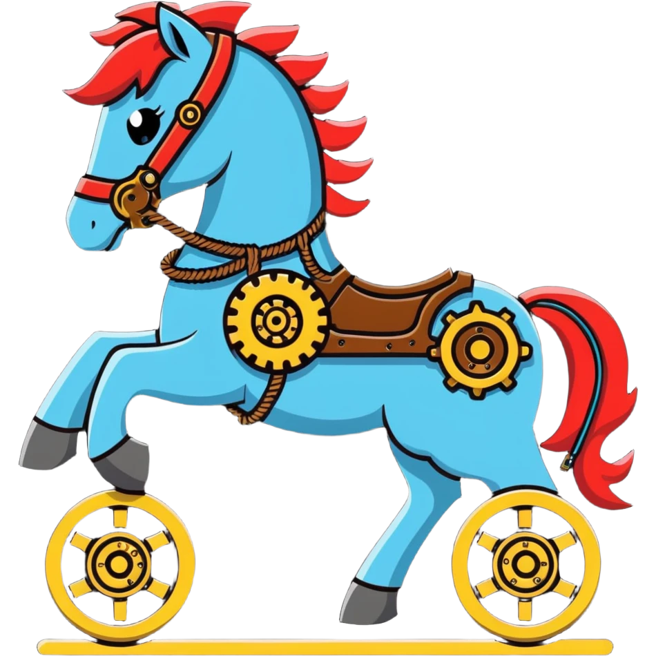 Steampunk mechanical horse with exposed gears, cogs, wires, and rope details emoji