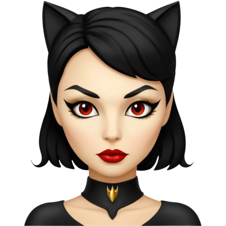 Cat woman goldish skin dark black eyes with black eyeliner dark hair big lips  emoji