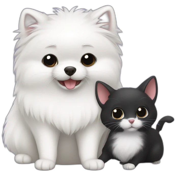 white pomeranian, black cat and gray mouse hug emoji