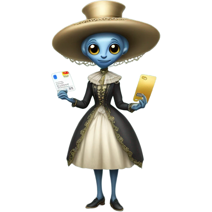 alien galora in Victorian dress elegant, full body, holding big credit card emoji