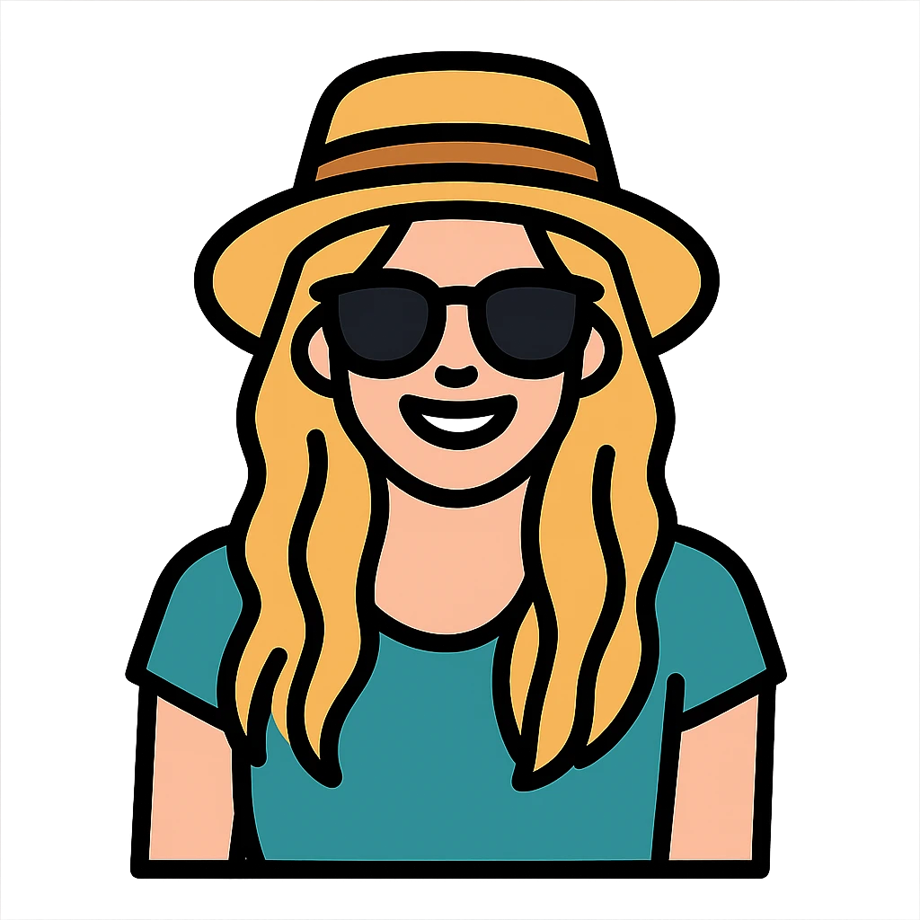 Add a stylish hat and sunglasses to the heroine, maintaining a modern casual look, smiling. emoji